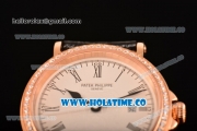 Patek Philippe Calatrava Miyota Quartz Rose Gold Case with White Dial and Roman Numeral Markers - Diamonds Bezel