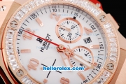 Hublot Big Bang Swiss Valjoux 7750 Automatic Movement Rose Gold Case with Diamond Bezel-White Dial and Red Rubber Strap