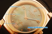 Rolex Cellini Swiss Quartz Rose Gold Case with Green MOP Dial and Black Leather Strap-Numeral Markers