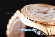 Rolex Day Date II Automatic Movement Full Rose Gold with Double Row Diamond Bezel-Diamond Markers and White Dial