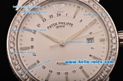 Patek Philippe Calatrava Swiss ETA 2836 Automatic Steel Case Diamond Bezel and Black Leather Strap White Dial with Stick Markers