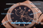 Hublot Classic Fusion Chronograph Miyota Quartz Rose Gold Case - Diamond Bezel with Black Dial and Black Rubber Strap - 7750 Coating