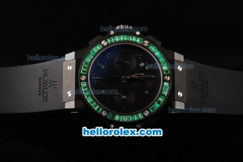 Hublot Big Bang Swiss Valjoux 7750 Chronograph Movement PVD Case with Black Dial-Green Diamond Bezel and Black Rubber Strap