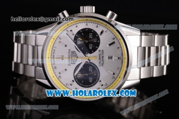 Tag Heuer Carrera Calibre 18 Chronograph Miyota Quartz Steel Case/Bracelet with Silver Dial and Stick Markers - Yellow Inner Bezel