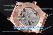 Hublot Classic Fusion Skeleton Asia Automatic Rose Gold Case with Skeleton Dial Diamonds Bezel and Black Leather Strap