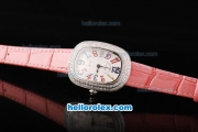Franck Muller Galet Quartz Movement Silver Case with White Dial and Diamond Bezel-Pink Leather Strap