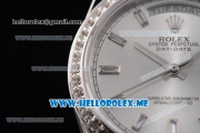 Rolex Day-Date Swiss ETA 2836 Automatic Stainless Steel Case/Bracelet with Silver Dial and Stick Markers Diamonds Bezel (BP)