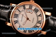 Cartier Rotonde De Miyota Quartz Rose Gold Case with White Dial Roman Numeral Markers and Black Leather Strap