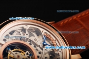 Breguet Skeleton Swiss Tourbillon Manual Winding Movement Rose Gold Case with Blue Hands and Brown Leather Strap