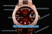 Rolex Day-Date Swiss ETA 2836 Automatic Rose Gold Case/Bracelet with Brown Dial and Stick Markers Diamonds Bezel (BP)