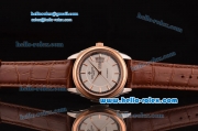 Patek Philippe Calatrava Swiss ETA 2824 Automatic Steel Case Rose Gold Bezel with Brown Leather Strap White Dial Stick Markers