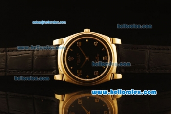 Rolex Cellini Swiss Quartz Yellow Gold Case with Black Dial and Black Leather Strap-Numeral Markers