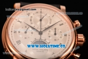 Patek Philippe Grand Complication Chrono Venus 7750 Manual Winding Rose Gold Case with White Dial Black Leather Strap and Roman Numeral Markers