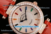 Franck Muller Ronde Miyota Quartz Rose Gold Case with Colorful Stick Markers Diamond Bezel and Red Leather Bracelet