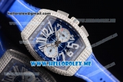 Franck Muller Vanguard Miyota OS20 Quartz Steel Case with Blue Dial Blue Leather Strap Arabic Numeral Markers and Diamonds Bezel