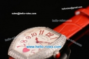 Franck Muller Heart Swiss Quartz Steel Case with Red Leather Strap Diamond Bezel and White Dial - ETA Coating