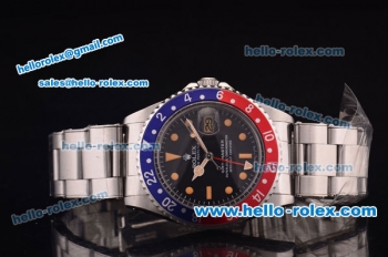 Rolex GMT Master Vintage Asia 2813 Automatic Blue/Red Bezel with Black Dial and Steel Bracelet-Orange Markers