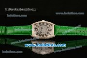 Franck Muller Cintree Curvex Swiss Quartz Steel/Diamonds Case with Diamonds Dial Numeral Markers and Green Leather Strap