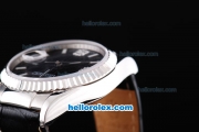 Rolex Datejust Automatic with Black Dial and White Bezel and Case--Diamond Marking-Small Calendar-Black Leather Strap
