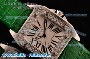 Cartier Santos 100 Medium Japanese Miyota OS2035 Quartz Steel Case with Green Leather Strap Diamond Bezel and White Dial