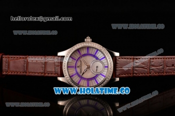 Jaeger-LeCoultre Lady Miyota Quartz Steel Case with White MOP Dial Purple Stick Markers and Brown Leather Strap - Diamonds Bezel