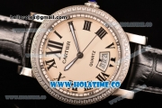 Cartier Rotonde De Miyota Quartz Steel Case with White Dial Diamonds Bezel and Roman Numeral Markers