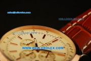 Breitling Transocean Chronograph Quartz Steel Case with Rose Gold Bezel and White Dial-Brown Leather Strap