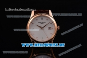 Patek Philippe Calatrava Miyota Quartz Rose Gold Case with White Dial and Brown Leather Strap Diamonds Markers