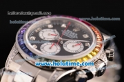 Rolex Daytona Rainbow Asia 3836 Automatic Steel Case/Strap with Colorful Diamond Bezel and Black Dial (BP)