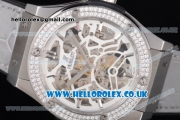 Hublot Classic Fusion Skeleton Asia Automatic Steel Case with Skeleton Dial Diamonds Bezel and Grey Leather Strap