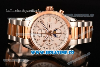 Longines Master Moonphase Chrono Miyota OS10 Quartz with Date Tone Tone Case/Bracelet with White Dial and Stick Markers