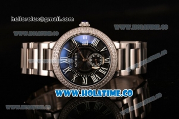 Cartier Rotonde De Miyota Quartz Steel Case/Bracelet with Black Dial Diamonds Bezel and Black Roman Numeral Markers