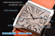 Franck Muller Master Square Swiss Quartz Steel Case with White Dial Numeral Marekrs and Orange Leather Strap