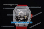 Richard Mille RM027-2 Miyota 9015 Automatic Carbon Fiber Case with Skeleton Dial Dot Markers and Red Nylon Strap