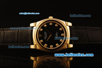Rolex Cellini Swiss Quartz Yellow Gold Case with Black Dial and Black Leather Strap-Diamond Markers