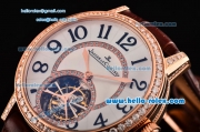 Jaeger LeCoultre Master Swiss ST Automatic Tourbillon Rose Gold Case Diamond Bezel Brown Leather Strap White Dial with Numeral Markers