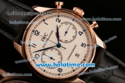 IWC Portuguese Chrono Miyota OS20 Quartz Rose Gold Case with White Dial Blue Numeral Markers and Black Leather Bracelet