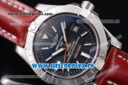 Breitling Avenger II GMT Swiss ETA 2824 Automatic Steel Case with Black Dial Stick Markers and Red Leather Strap