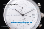 Junghans Max Bill Chronoscope Miyota OS10 Quartz PVD Case White Dial Grey Leather Strap and Stick Markers