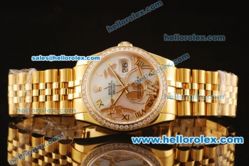 Rolex Datejust Asia 2813 Automatic Full Gold with Diamond Bezel and White MOP Dial-Silver Roman Markers