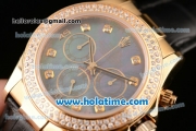 Rolex Daytona Swiss Valjoux 7750 Automatic Yellow Gold Case with Black Leather Bracelet Diamond Bezel and Grey MOP Dial