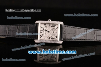 Cartier Tank MC Miyota 8245 Automatic Steel Case with Black Leather Strap White Dial and Diamond Bezel