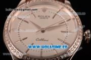 Rolex Cellini Asia Automatic Steel Case with Stick Markers Silver Dial and Brown Leather Strap - Diamonds Bezel