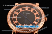 Cartier Rotonde De Miyota Quartz Rose Gold Case with Black Dial Diamonds Bezel and Diamonds Markers