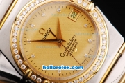 Omega Constellation Automatic Movement Gold Dial with Diamond Hour Marker and Diamond Bezel-Two Tone Strap