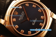 Rolex Cellini Swiss Quartz Rose Gold Case with Dark Blue Dial and Black Leather Strap-Diamond Markers