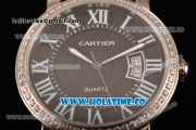 Cartier Rotonde De Miyota Quartz Steel Case with Black Dial Diamonds Bezel and White Roman Numeral Markers