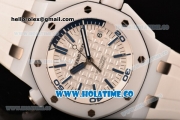 Audemars Piguet Royal Oak Offshore Diver Clone AP Calibre 3120 Automatic White Ceramic Case with Blue Stick Markers and White Rubber Strap (JF)