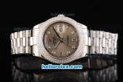 Rolex Day Date II Automatic Movement Full Steel with Double Row Diamond Bezel with Diamond Markers and Grey Dial