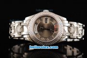 Rolex Day Date Oyster Perpetual Swiss ETA 2836 Automatic Movement Silver/Diamond Dial with Diamond Bezel and Black Roman Numeral Marker-Diamond/Steel Strap